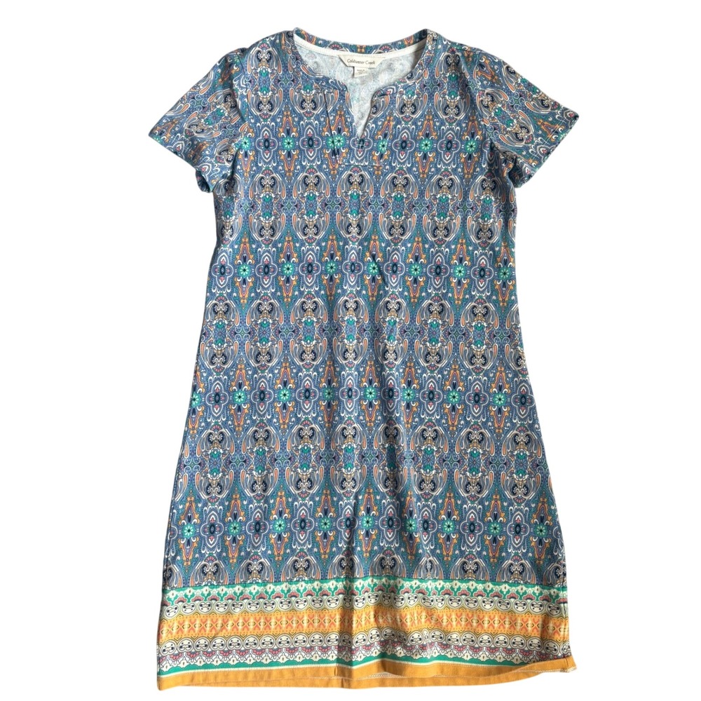 Coldwater Creek Blue Paisley Medallion French Terry Shift Dress Petite Small PS